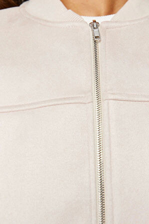 Tasarım Düz Astarlı Yaka Crop Bol Hakim Kadın Oversize Süet Bomber Ceket Mont