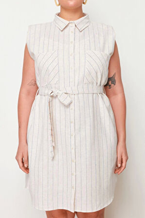 Moda Fit Casual Günlük KetenDokuma Gömlek Yaka Kolsuz Kol Gömlek Elbise Midi Boy Büyük Beden Elbise