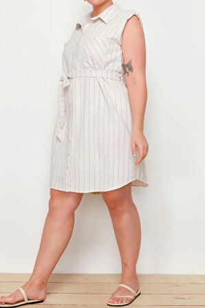 Moda Fit Casual Günlük KetenDokuma Gömlek Yaka Kolsuz Kol Gömlek Elbise Midi Boy Büyük Beden Elbise