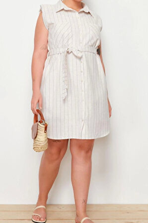 Moda Fit Casual Günlük KetenDokuma Gömlek Yaka Kolsuz Kol Gömlek Elbise Midi Boy Büyük Beden Elbise