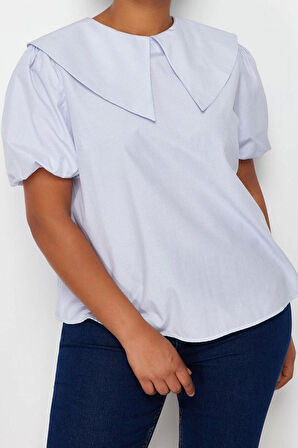 Moda Büyük Beden Bebe Yaka Dokuma Oversize Çizgili Desen Casual Günlük Regular Kısa Kol Bluz