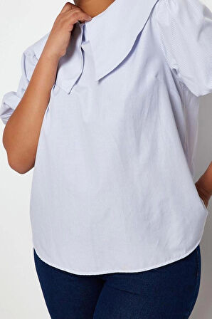 Moda Büyük Beden Bebe Yaka Dokuma Oversize Çizgili Desen Casual Günlük Regular Kısa Kol Bluz