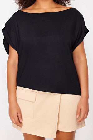 Moda Büyük Beden Kayık Yaka Dokuma Fit Düz Desen Şık gece Regular Kısa Kol Bluz