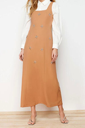 Moda Jile Casual Günlük Finike Dokuma Kare Yaka Kolsuz Kol Jile Maxi Boy Tesettür Elbise