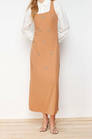 Moda Jile Casual Günlük Finike Dokuma Kare Yaka Kolsuz Kol Jile Maxi Boy Tesettür Elbise