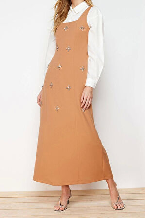 Moda Jile Casual Günlük Finike Dokuma Kare Yaka Kolsuz Kol Jile Maxi Boy Tesettür Elbise