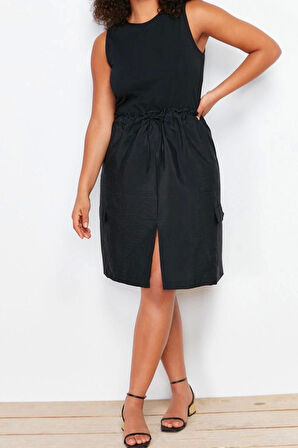 Moda Oversize Günlük Süprem Dokuma Bisiklet Yaka Askılı Kol A-Line Mini Boy Büyük Beden Elbise