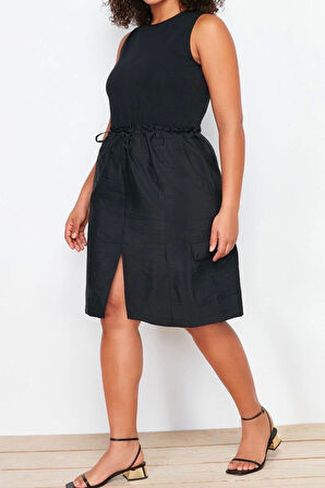 Moda Oversize Günlük Süprem Dokuma Bisiklet Yaka Askılı Kol A-Line Mini Boy Büyük Beden Elbise