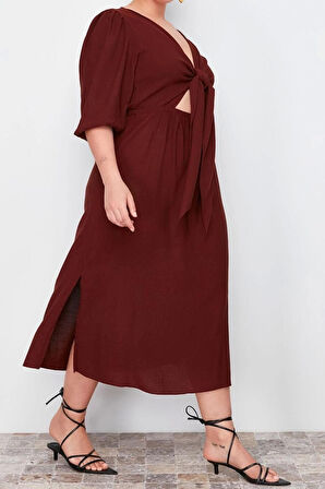 Moda Fit Günlük Keten Karışımlı Dokuma V Yaka Truvakar Kol Kol A-Line Midi Boy Büyük Beden Elbise