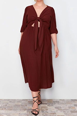 Moda Fit Günlük Keten Karışımlı Dokuma V Yaka Truvakar Kol Kol A-Line Midi Boy Büyük Beden Elbise