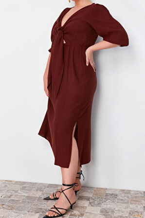 Moda Fit Günlük Keten Karışımlı Dokuma V Yaka Truvakar Kol Kol A-Line Midi Boy Büyük Beden Elbise