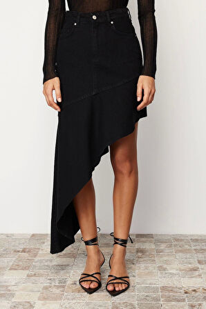 Moda Asimetrik Düz Desen Günlük Maxi Boy Asimetrik Yüksek Bel Maxi Denim Etek