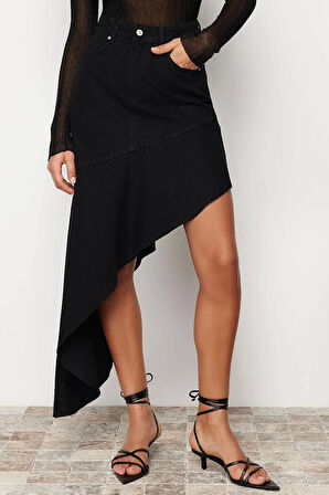 Moda Asimetrik Düz Desen Günlük Maxi Boy Asimetrik Yüksek Bel Maxi Denim Etek