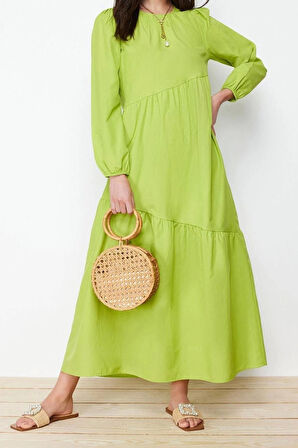 Moda Regular Casual Günlük Terrycotton Dokuma Bisiklet Yaka Uzun Kol A-Line Maxi Boy Tesettür Elbise