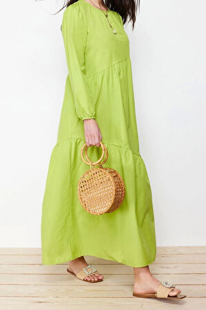 Moda Regular Casual Günlük Terrycotton Dokuma Bisiklet Yaka Uzun Kol A-Line Maxi Boy Tesettür Elbise