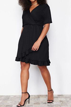 Moda Slim Casual Günlük Bürümcük Örme Kruvaze Kısa Kol Anvelop Mini Boy Büyük Beden Elbise