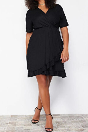 Moda Slim Casual Günlük Bürümcük Örme Kruvaze Kısa Kol Anvelop Mini Boy Büyük Beden Elbise