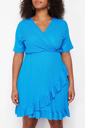 Moda Slim Casual Günlük Bürümcük Örme Kruvaze Kısa Kol Anvelop Mini Boy Büyük Beden Elbise