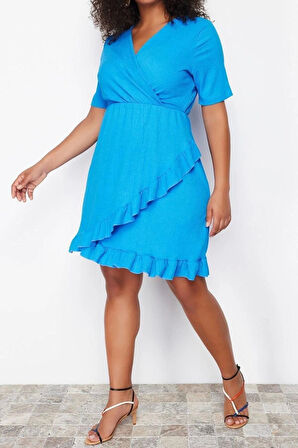 Moda Slim Casual Günlük Bürümcük Örme Kruvaze Kısa Kol Anvelop Mini Boy Büyük Beden Elbise