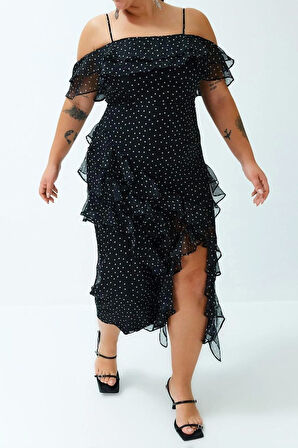 Moda Fit Şık Abiye Gece Şifon Dokuma Kare Yaka Askılı Kol A-Line Maxi Boy Büyük Beden Elbise