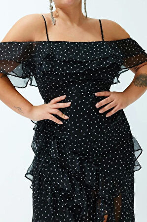 Moda Fit Şık Abiye Gece Şifon Dokuma Kare Yaka Askılı Kol A-Line Maxi Boy Büyük Beden Elbise