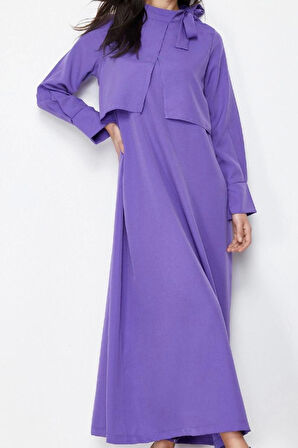 Moda Stil Regular Boyundan Bağlamalı Maxi Boy Tesettür Yakası Bağlama Detaylı Dokuma Elbise