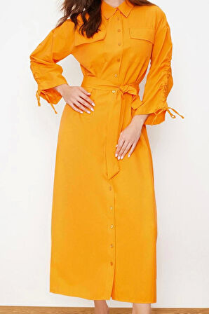 Moda Oversize Maxi Tesettür Kuşaklı Kolları Ayarlanabilir Detaylı Pamuklu Dokuma Gömlek Elbise