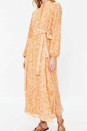 Moda Rahat Casual Günlük Şifon Dokuma Dik Yaka Uzun Kol Basic Maxi Boy Tesettür Elbise