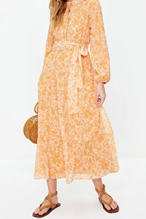 Moda Rahat Casual Günlük Şifon Dokuma Dik Yaka Uzun Kol Basic Maxi Boy Tesettür Elbise