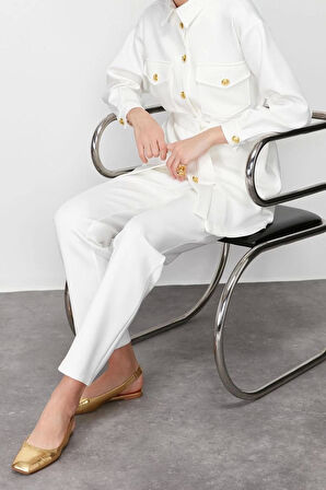 Moda Örme Düz Casual Günlük Ekru Scuba Gold Düğme Detaylı Düz Örme Alt-Üst Takım