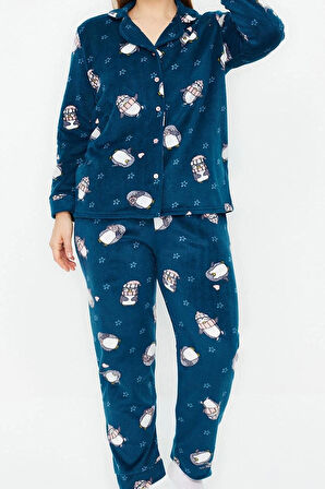 Tarz Rahat Büyük Beden Uzun Kollu Boru Paça Penguen Desenli Örme Pijama Takımı