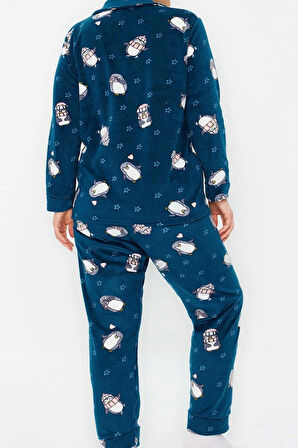Tarz Rahat Büyük Beden Uzun Kollu Boru Paça Penguen Desenli Örme Pijama Takımı