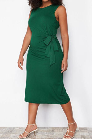 Moda Slim Casual Günlük Süprem Örme Bisiklet Yaka Kolsuz Kol Shift Midi Boy Büyük Beden Elbise