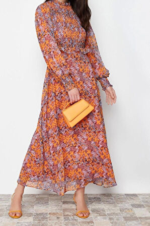 Moda Regular Casual Günlük Şifon Dokuma Dik Yaka Uzun Kol A-Line Maxi Boy Tesettür Elbise