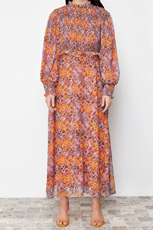 Moda Regular Casual Günlük Şifon Dokuma Dik Yaka Uzun Kol A-Line Maxi Boy Tesettür Elbise