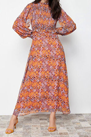 Moda Regular Casual Günlük Şifon Dokuma Dik Yaka Uzun Kol A-Line Maxi Boy Tesettür Elbise