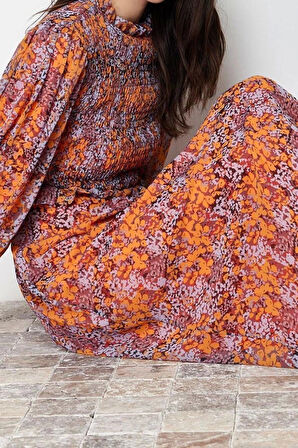 Moda Regular Casual Günlük Şifon Dokuma Dik Yaka Uzun Kol A-Line Maxi Boy Tesettür Elbise