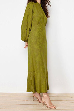 Moda Regular Casual Günlük Jakar Dokuma Bisiklet Yaka Uzun Kol A-Line Maxi Boy Tesettür Elbise