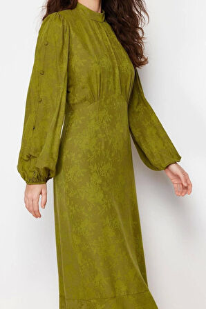 Moda Regular Casual Günlük Jakar Dokuma Bisiklet Yaka Uzun Kol A-Line Maxi Boy Tesettür Elbise