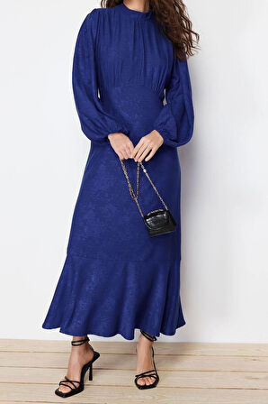 Moda Regular Casual Günlük Jakar Dokuma Bisiklet Yaka Uzun Kol A-Line Maxi Boy Tesettür Elbise