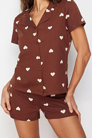 Tarz Rahat Kısa Kollu Boru Paça %100 Pamuklu Kalp Desenli Örme Pijama Takımı