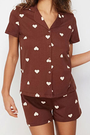 Tarz Rahat Kısa Kollu Boru Paça %100 Pamuklu Kalp Desenli Örme Pijama Takımı
