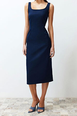 Moda Fit Casual Günlük Stretch Denim Kare Yaka Askılı Kol Bodycone Midi Boy Elbise