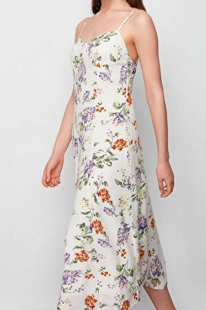 Moda Stil Regular V Yaka Midi Boy Çiçek Desenli Belden Açılan Dokuma Elbise
