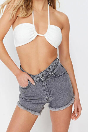 Moda Denim Yüksek Bel Boru Paça Plaj Gri Mini Dokuma Denim %100 Pamuklu Şort Bermuda