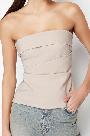 Moda Straplez Dokuma Slim Düz Desen Şık gece Regular Kolsuz Bluz