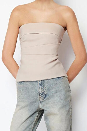 Moda Straplez Dokuma Slim Düz Desen Şık gece Regular Kolsuz Bluz