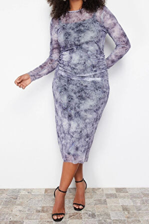 Moda Fit Casual Günlük Tül Örme Bisiklet Yaka Uzun Kol Bodycone Midi Boy Büyük Beden Elbise