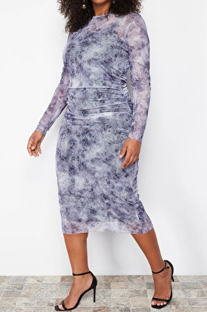 Moda Fit Casual Günlük Tül Örme Bisiklet Yaka Uzun Kol Bodycone Midi Boy Büyük Beden Elbise