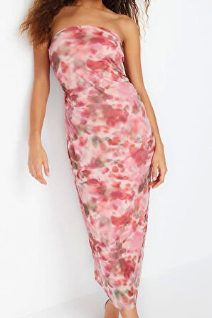 Moda Stil Slim Straplez Maxi Boy Büzgülü Soyut Desenli Vücuda Oturan Esnek Örme Kalem Elbise